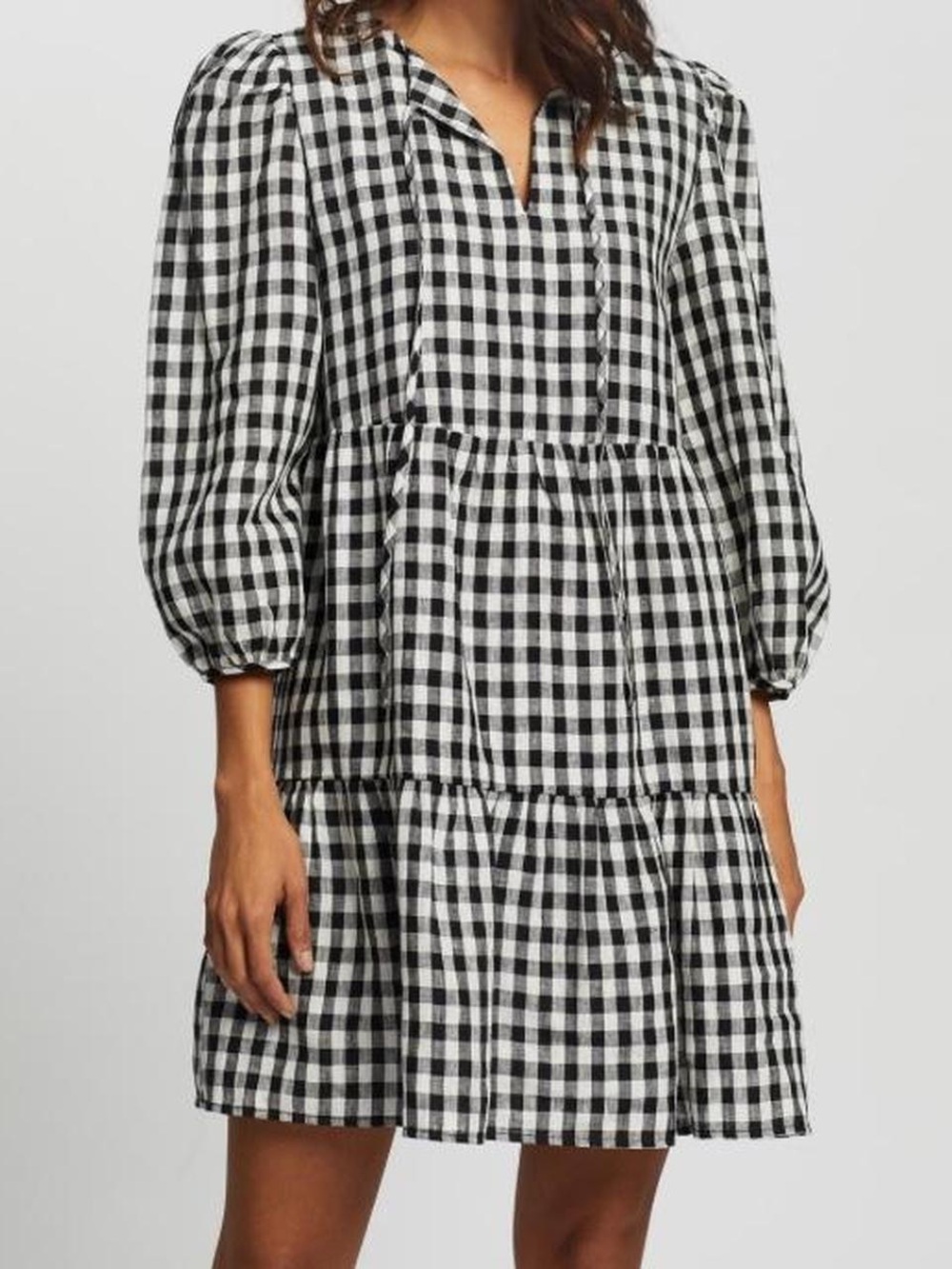 H&M Black & White Gingham Tiered Mini Babydoll Dress